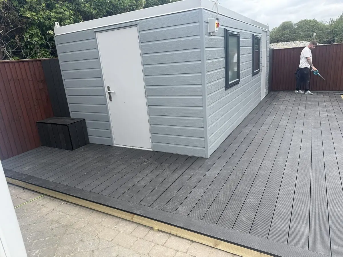 Contemporary grey-clad garden office on a composite deck